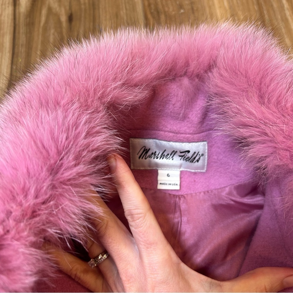 Marshall Fields vintage pink wool overcoat size 6 fox fur collar fairy Barbie - Picture 7 of 12